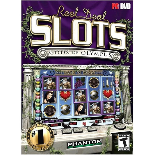 Box cover of 'Reel Deal Slots: Gods of Olympus' on a purple background with slot machine graphics.