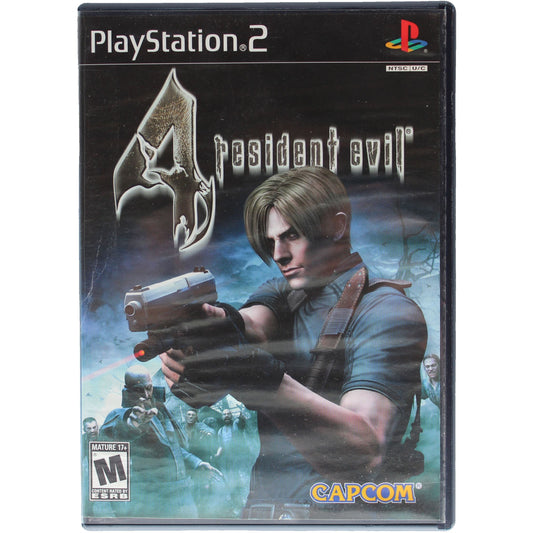 PlayStation 2 game case for 'Resident Evil 4' with a character holding a gun on the cover.