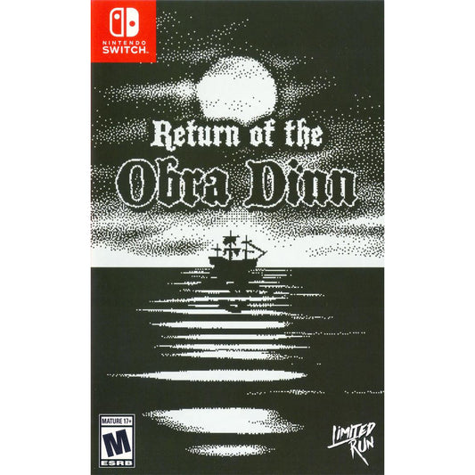 Game cover for 'Return of the Obra Dinn' on Nintendo Switch with a black and white illustration of a ship.