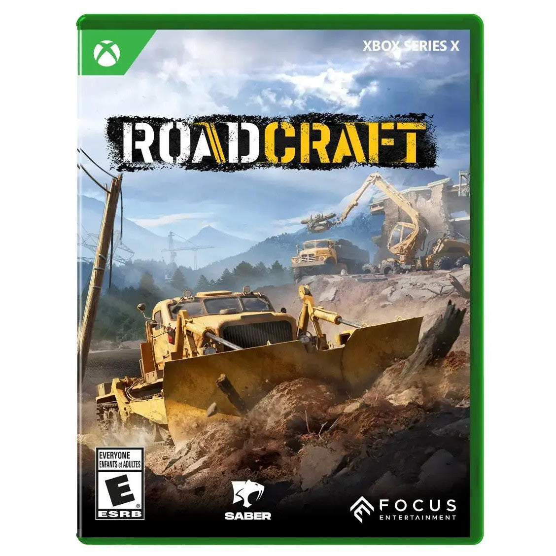 Game box for 'RoadCraft' featuring construction vehicles and mountains on a green border.
