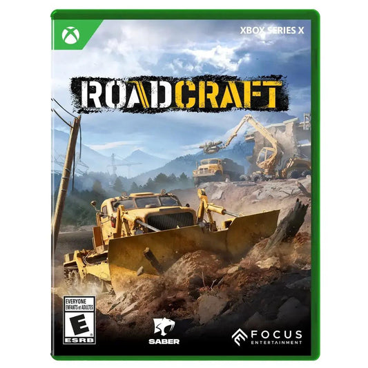 Game box for 'RoadCraft' featuring construction vehicles and mountains on a green border.