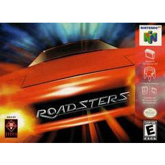 Video game cover for 'Roadsters' with a car design and N64 logo.