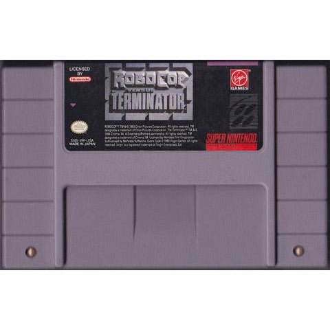 Super Nintendo Entertainment System game cartridge with 'RoboCop vs. Terminator' branding.