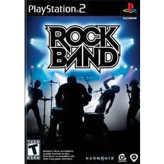 Rock Band game cover for PlayStation 2 with silhouettes of musicians on stage.