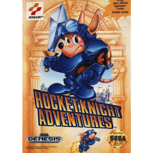 Cover of 'Rocket Knight Adventures' for Sega Genesis with Konami logo.