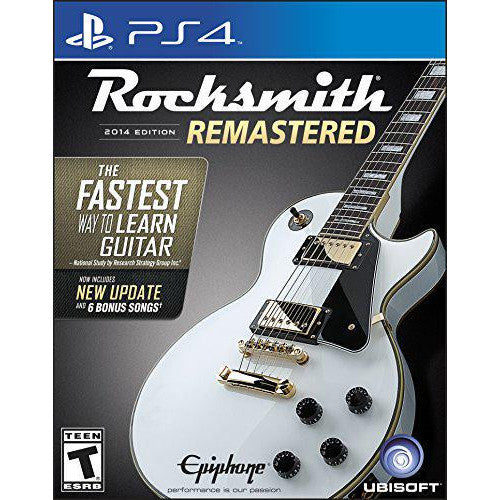 Rocksmith 2014 Remastered game cover with a white electric guitar on a black background