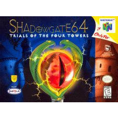 Cover of 'Shadowgate 64: Trials of the Four Towers' for Nintendo 64 with colorful eye design and text.