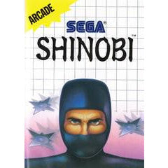 Arcade game cover of Sega Shinobi featuring a character in a balaclava.