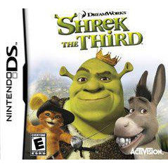 Shrek the Third game cover for Nintendo DS with Shrek, Donkey, and Puss in Boots.