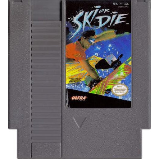 Nintendo Entertainment System game cartridge for 'Skier Skidie' with colorful graphics on a gray background.