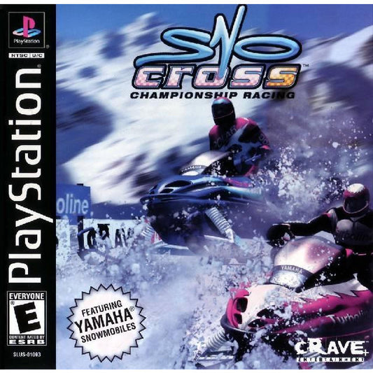 PlayStation game cover for 'SYN Cross Championship Racing' featuring snowmobiles on a snowy background.