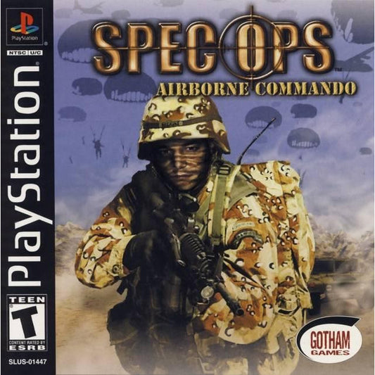 Game cover of 'Spec Ops: Airborne Commando' for PlayStation with a soldier in camouflage gear.