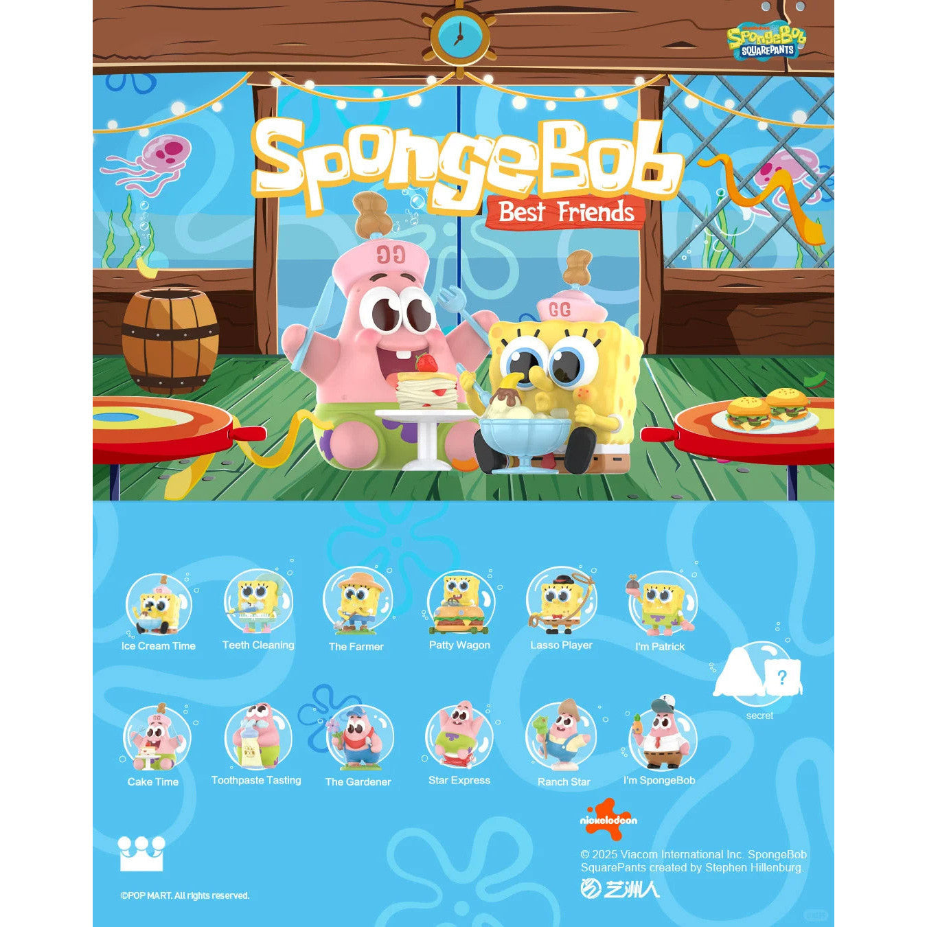 SpongeBob SquarePants and Patrick Star in a cartoon setting with character icons below.