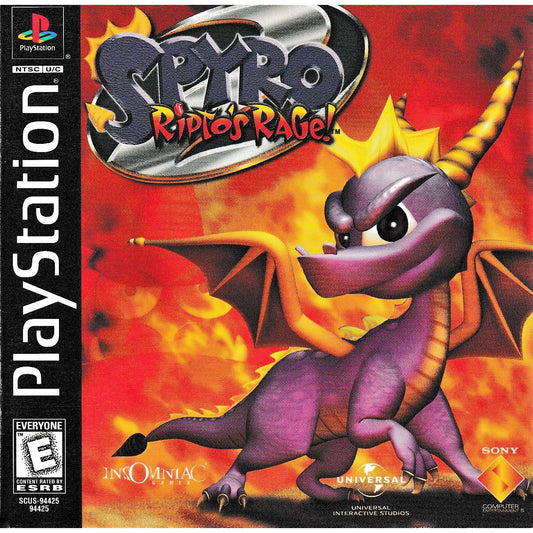 PlayStation game cover of 'Spyro: Ripto's Rage!' with a purple dragon character on an orange and red background.