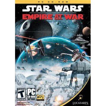 Cover of 'Star Wars: Empire at War' video game with space battles and spacecraft.