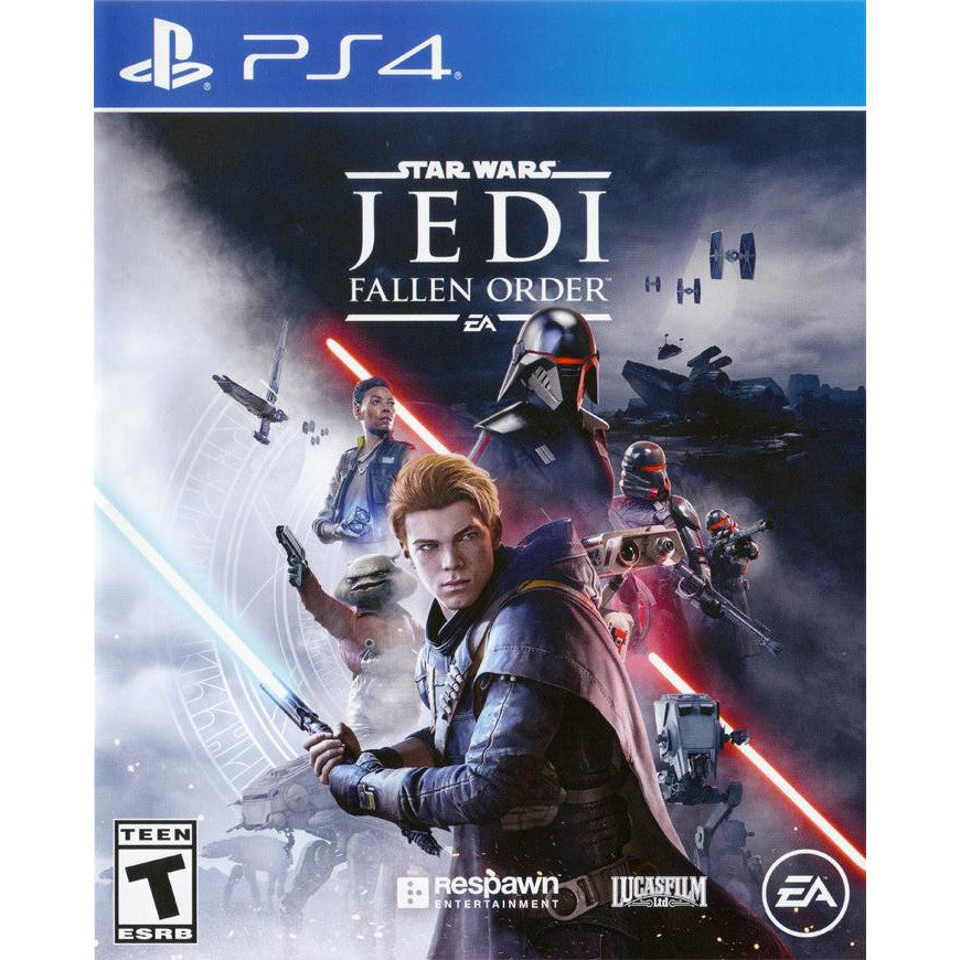 Star Wars Jedi: Fallen Order game cover for PS4 with characters and stormtroopers on a dark background.