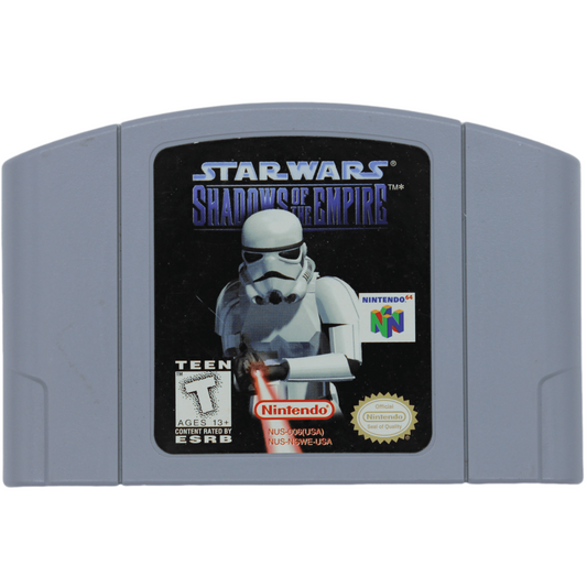 Nintendo 64 game cartridge for 'Star Wars: Shadows of the Empire' with a stormtrooper on the cover.
