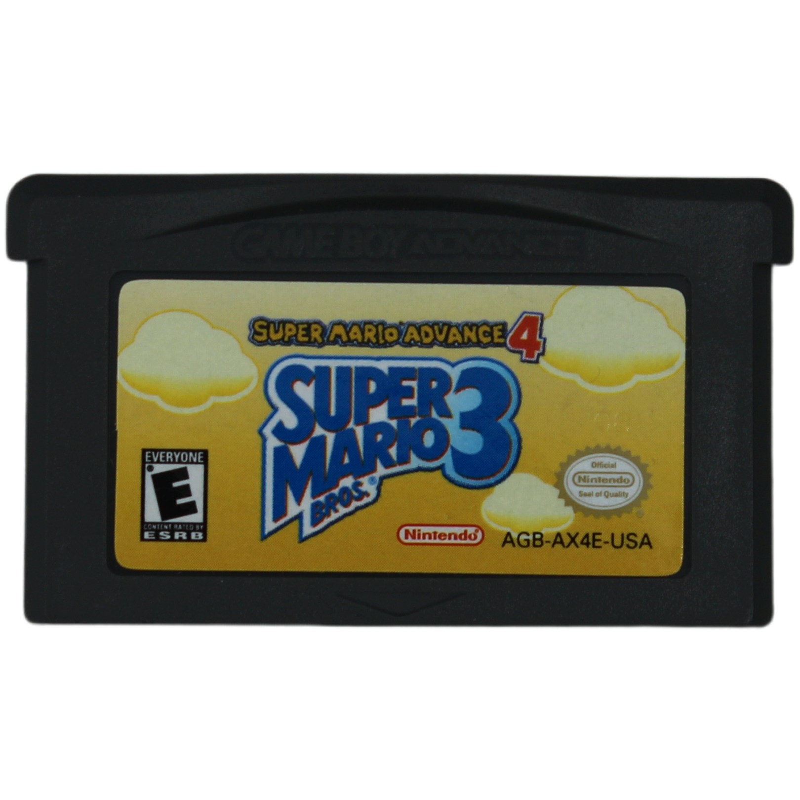 Super Mario Advance 4 and Super Mario 3 game cartridge on a black background