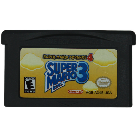 Super Mario Advance 4 and Super Mario 3 game cartridge on a black background