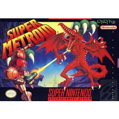 Super Metroid game cover for Super Nintendo with a red alien and Samus Aran.