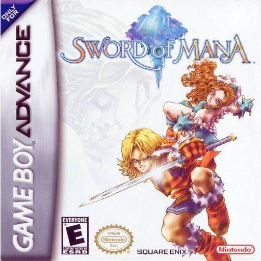 Game Boy Advance game cartridge for 'Sword of Mana' featuring two characters on a white background.