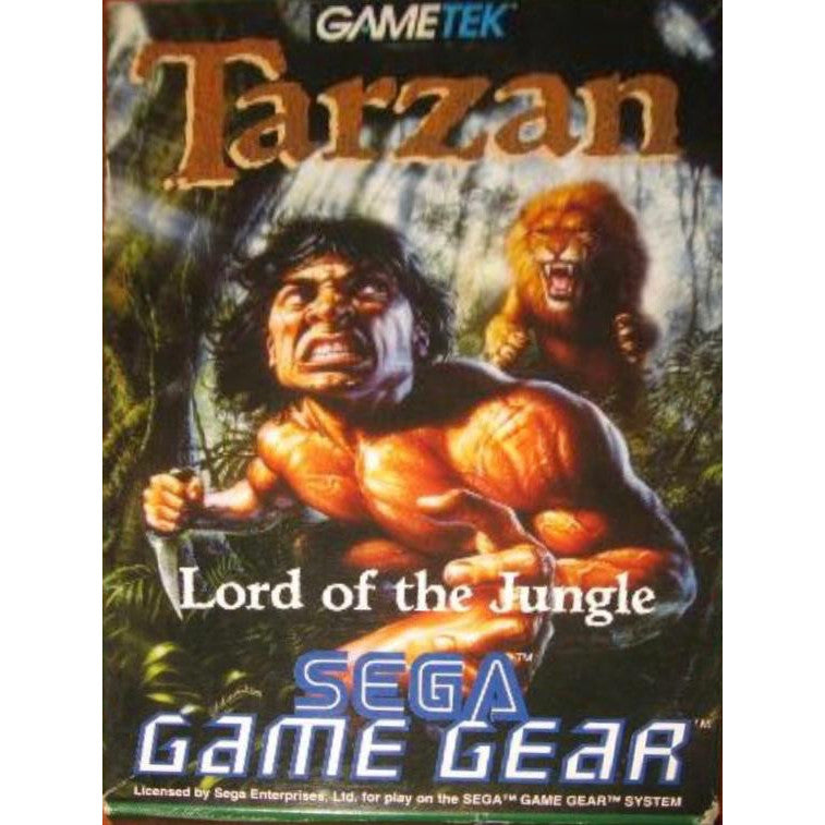 Cover of 'Tarzan: Lord of the Jungle' Sega Game Gear game with a muscular figure and lion in the jungle.
