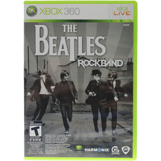 Xbox 360 game cover for 'The Beatles RockBand' featuring black and white image of The Beatles.