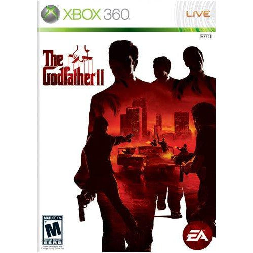 Xbox 360 game cover for 'The Godfather II' with silhouettes and cityscape.