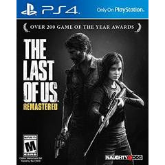 Game box for 'The Last of Us Remastered' on PS4 with a black and white image of two characters.