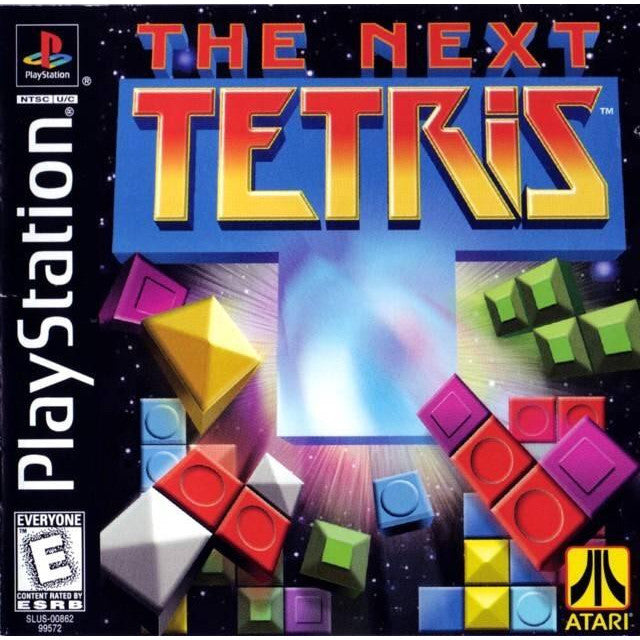 Box art for 'The Next Tetris' game on PlayStation with colorful block pieces and Atari logo.