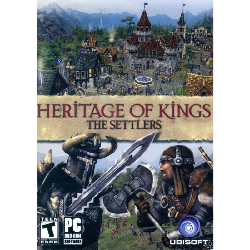 Game cover of 'Heritage of Kings: The Settlers' with characters and settlement in the background.