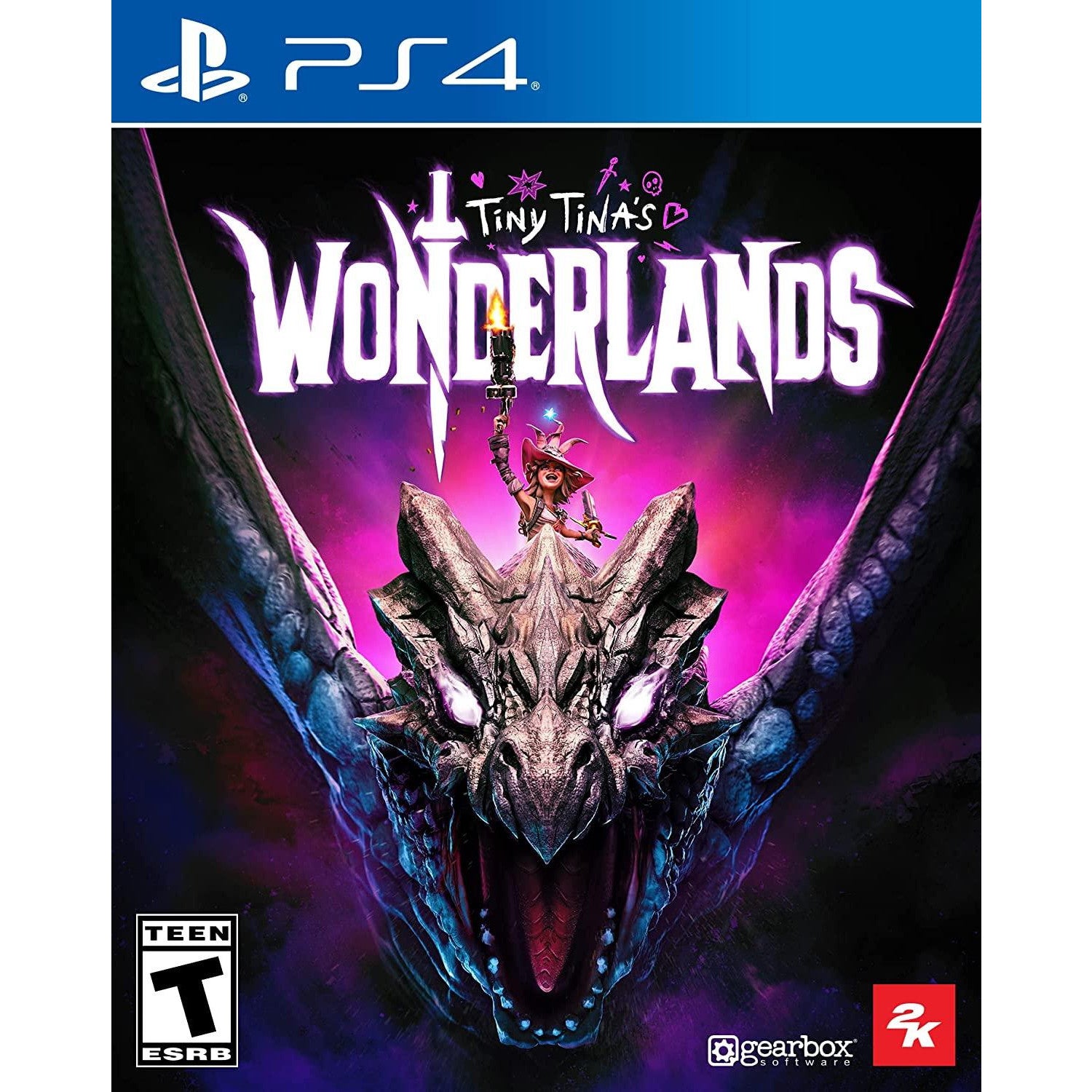 Game cover for 'Tiny Tina's Wonderlands' on PS4 with a dragon and character illustration.