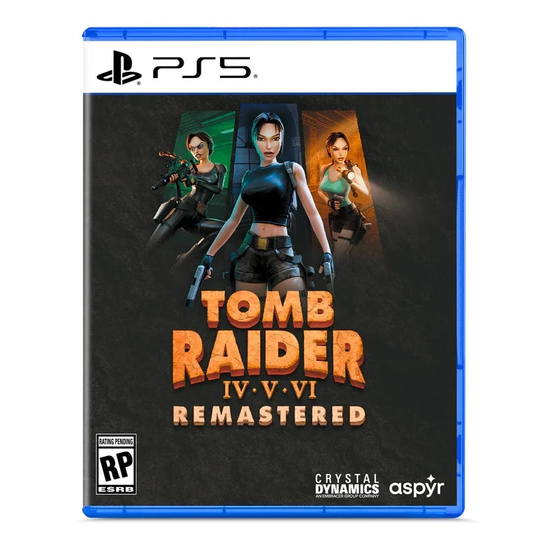 PlayStation 5 game case for 'Tomb Raider IV-VI Remastered' with Lara Croft on the cover.