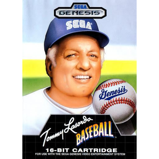 Cover of Tommy Lasorda Baseball Sega Genesis game with a baseball player and ball.