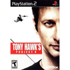 PlayStation 2 game cover for 'Tony Hawk's Project 8' featuring a close-up of a person with a red logo.