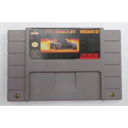 Super Nintendo game cartridge with 'Top Gear' and 'Kemco' branding on a white background