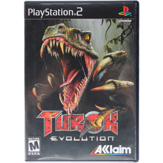 PlayStation 2 game case for 'Turok Evolution' featuring a dinosaur-like creature.