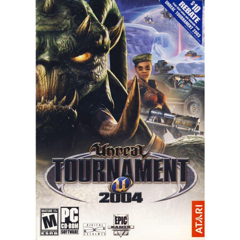 Cover of 'Unreal Tournament 2004' with a large alien creature and a woman with a gun.