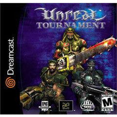 Cover of 'Unreal Tournament' for Dreamcast with characters holding weapons on a purple background.