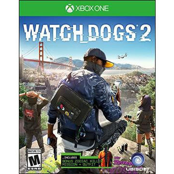 Game cover for 'Watch Dogs 2' on Xbox One with a character overlooking a cityscape.