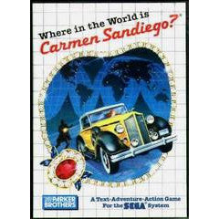 Cover of 'Where in the World is Carmen Sandiego?' text adventure game for the IBM PC, featuring a vintage car and map.