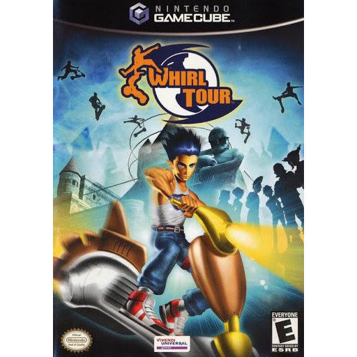 GameCube game cover for 'Whirl Tour' with a character holding a large weapon against a cityscape background.
