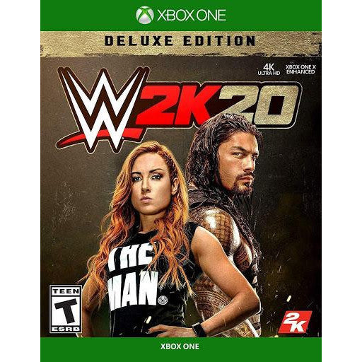 WWE 2K20 Deluxe Edition cover for Xbox One with two characters on a dark background.