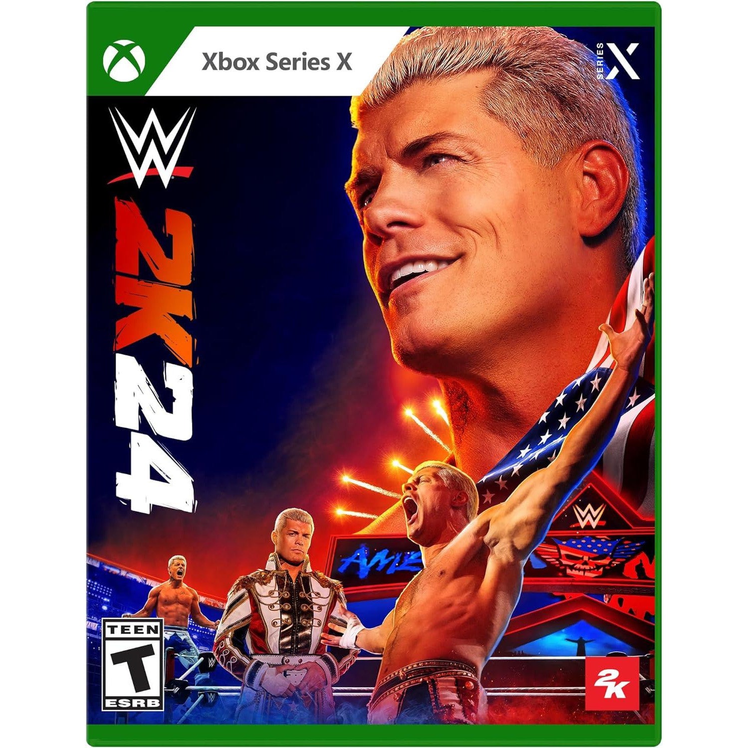 WWE 2K24 game cover for Xbox Series X with a wrestler and championship belt.