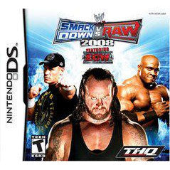 Wrestling game cover for 'SmackDown vs. Raw 2008' on Nintendo DS with three wrestlers and THQ logo.