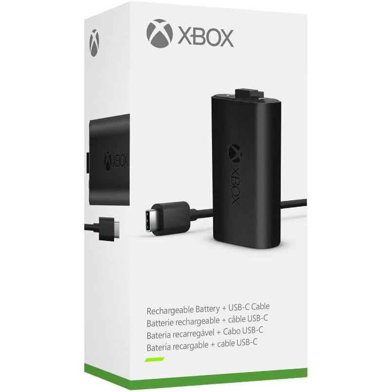 Xbox rechargeable battery and USB-C cable packaging on a white background