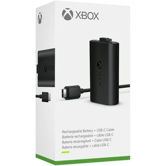Xbox rechargeable battery and USB-C cable packaging on a white background