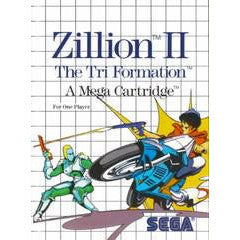 Cover of 'Zillion II' for Sega, featuring action-packed illustration with characters and motorcycle.