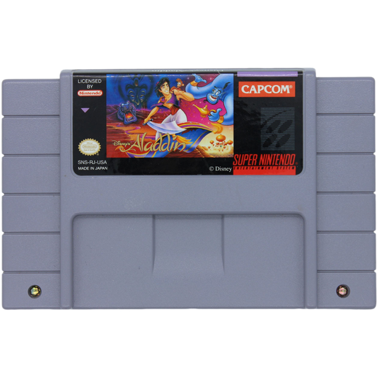 Super Nintendo Entertainment System game cartridge for 'Aladdin' with Capcom logo