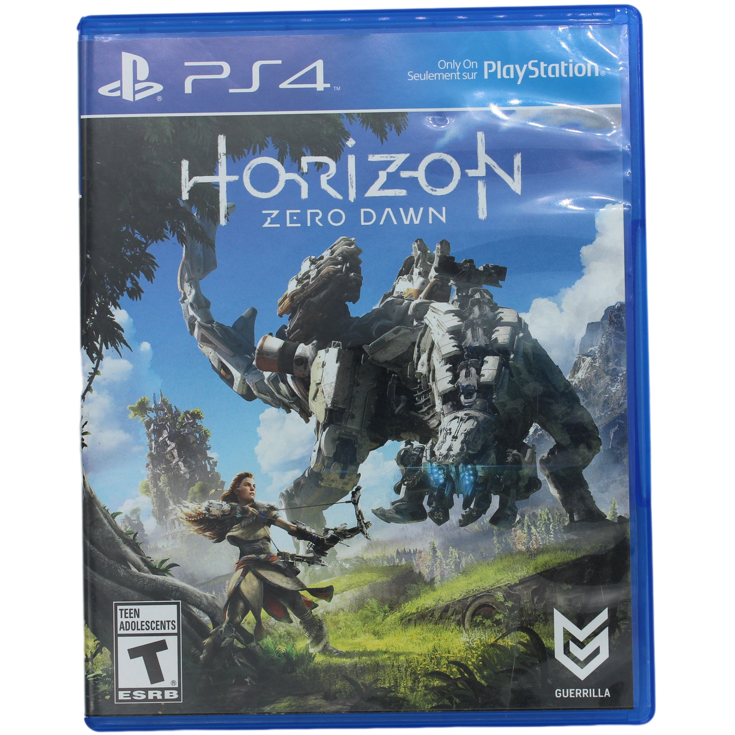 PlayStation 4 game case for 'Horizon Zero Dawn' featuring a robot and a person in a field.